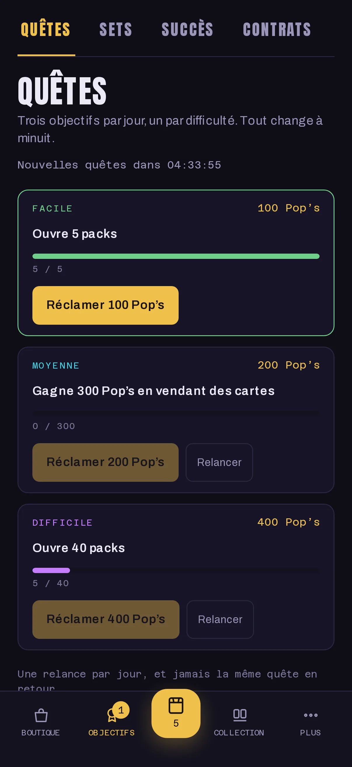 L'écran des quêtes du jour